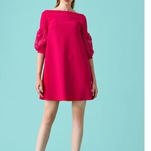 Chiara Boni La Petite Robe Hot Pink Shift Dress Sheer Floral Sleeve